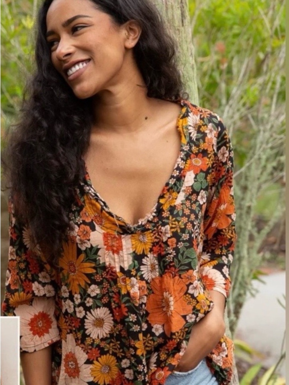 Natural Life Floral V Neck Blouse - Orange Multi